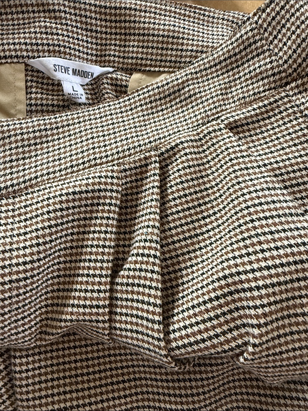 Steve Madden Brown Houndstooth High Waisted Wide Leg Pleated Pants Size Large - Picture 3 of 13